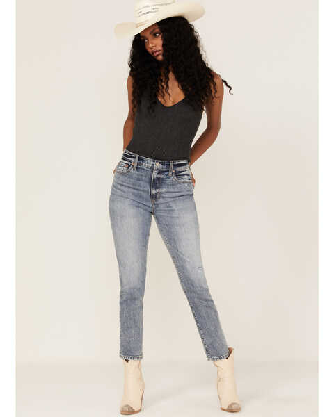 Daze Women's Medium Wash High Rise Deep Dive Slim Straight Jeans, Blue, hi-res