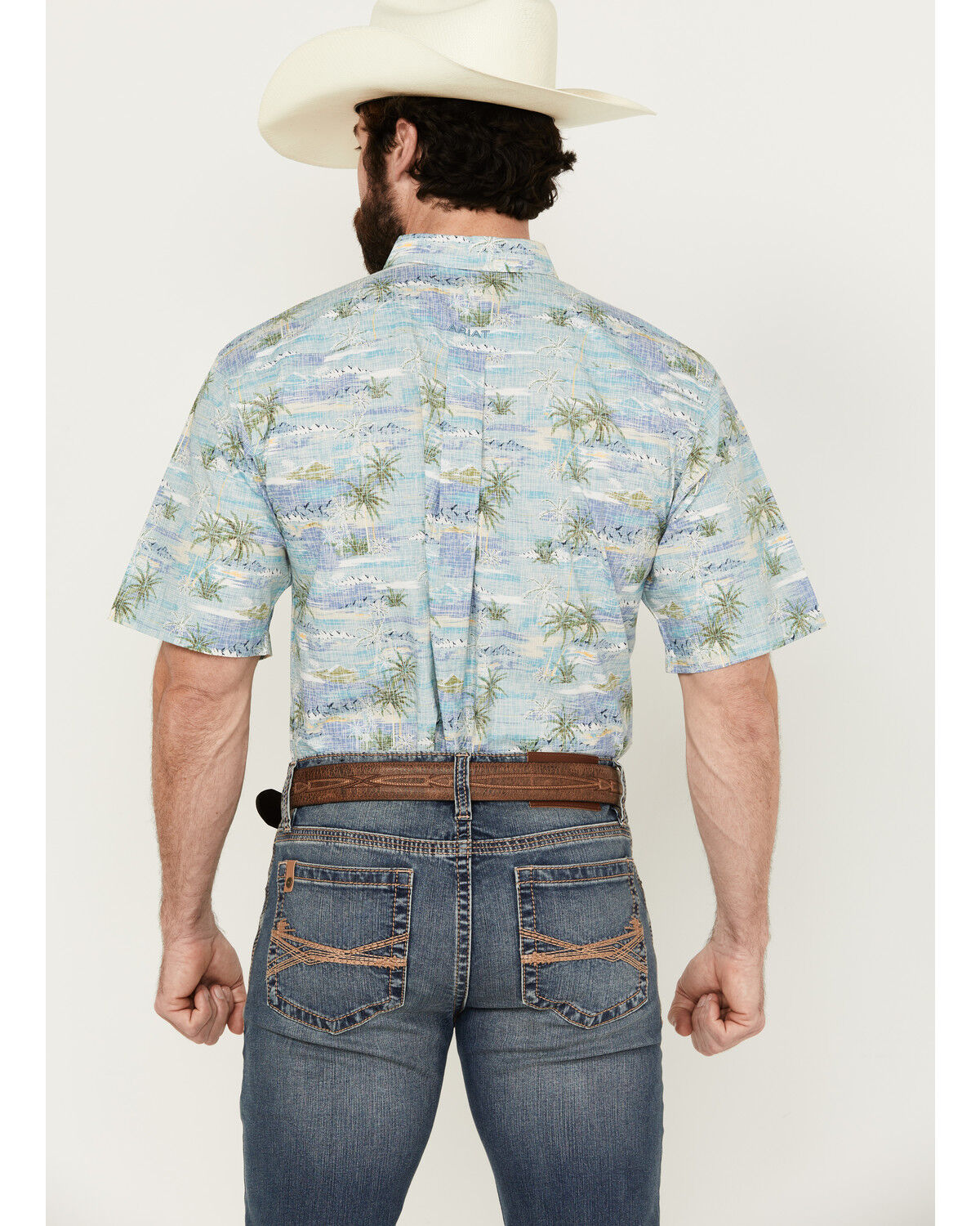 Image #4 - Ariat Men's Edwin Palm Tree Island Print Short Sleeve Button-Down Western Shirt, Blue, hi-res