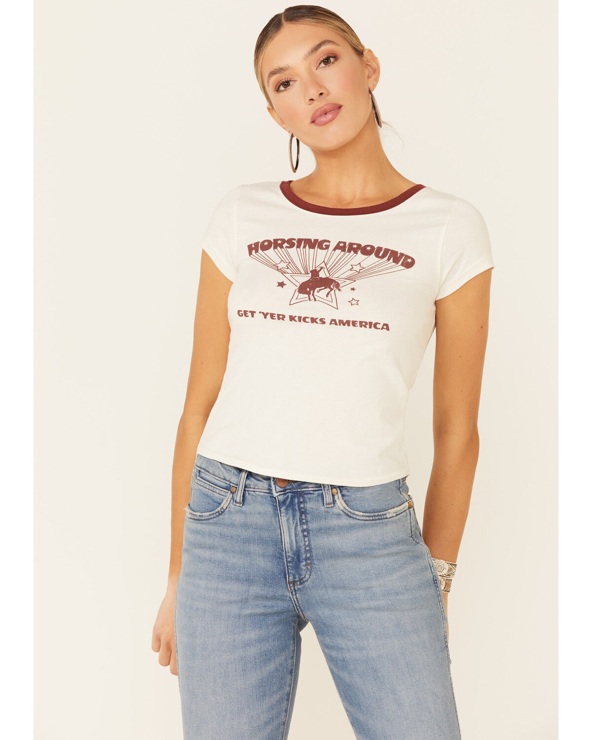 Image #1 - Shyanne Women's Off-White Horsing Around Graphic Short Sleeve Ringer Tee, Off White, hi-res