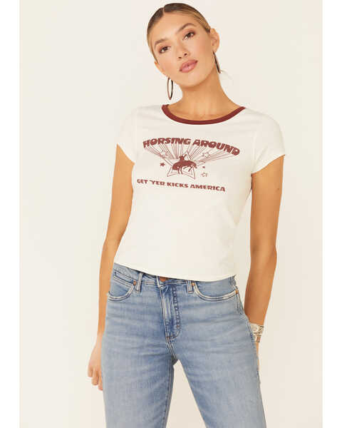 Image #1 - Shyanne Women's Off-White Horsing Around Graphic Short Sleeve Ringer Tee , Off White, hi-res