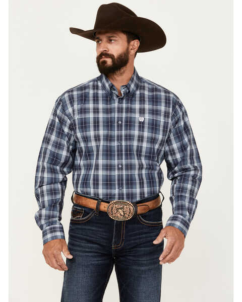 Cinch Men's Plaid Print Long Sleeve Button-Down Western Shirt, Blue, hi-res