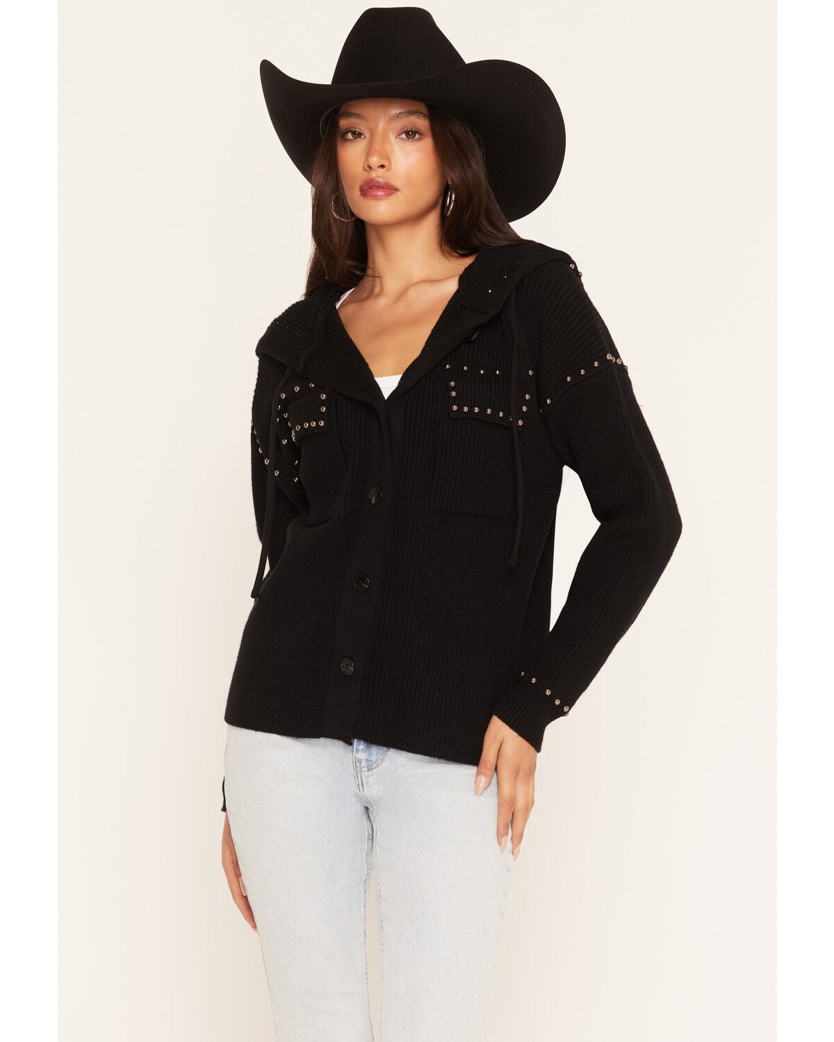 Miss Me Women's Hooded Button-Down Long Sleeve Top, Black, hi-res