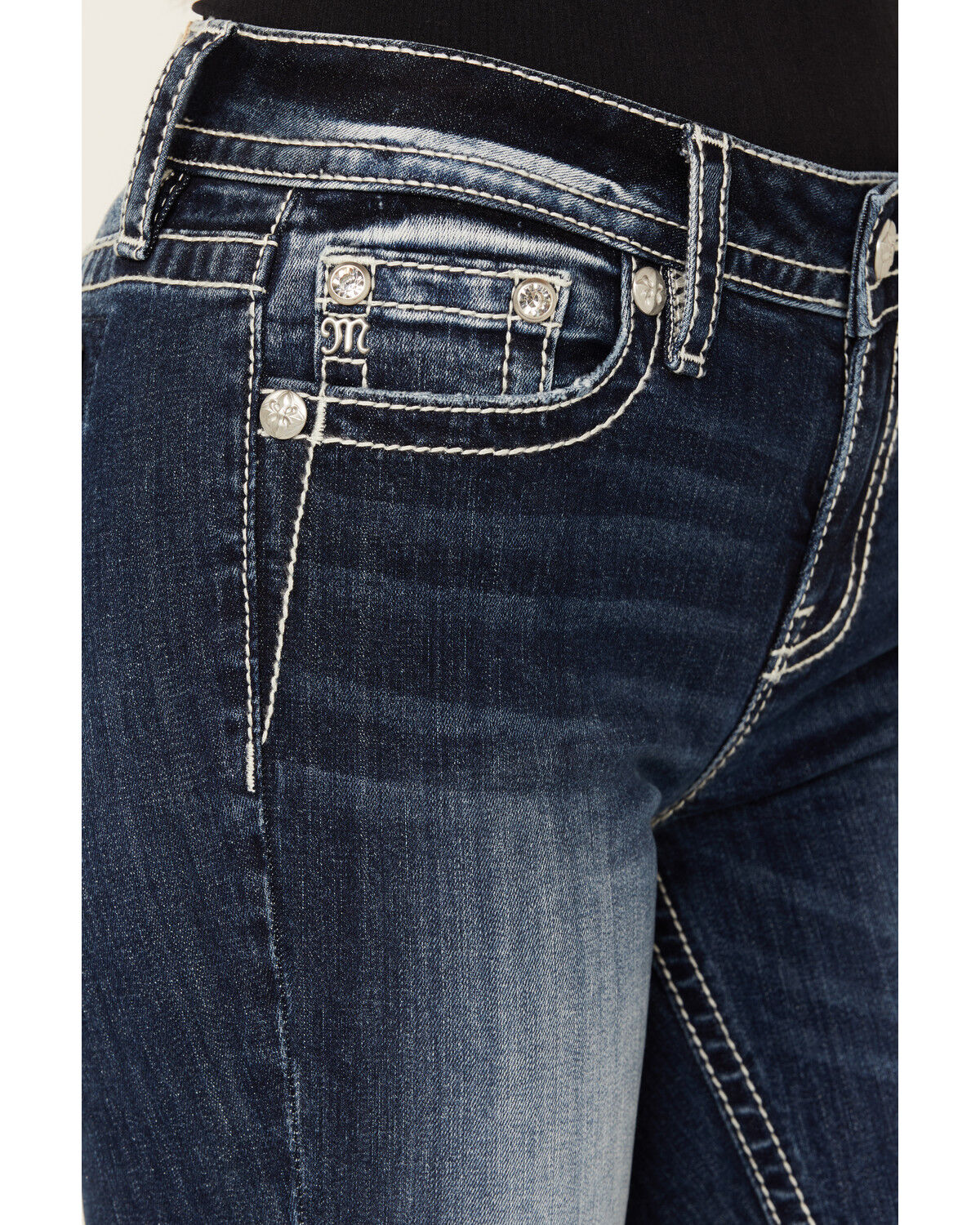 Image #4 - Miss Me Women's Dark Wash Fleur de Lis Bootcut Stretch Denim Jeans, Dark Wash, hi-res