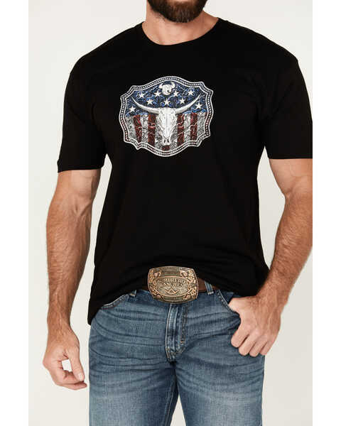 Image #2 - Cowboy Hardware Men's American Flag Buckle Short Sleeve T-Shirt, Black, hi-res