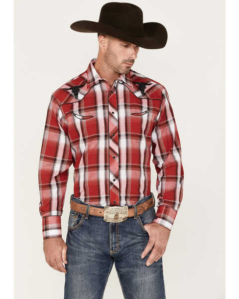 Roper Men's Plaid Print Long Sleeve Snap Western Shirt, Red, hi-res
