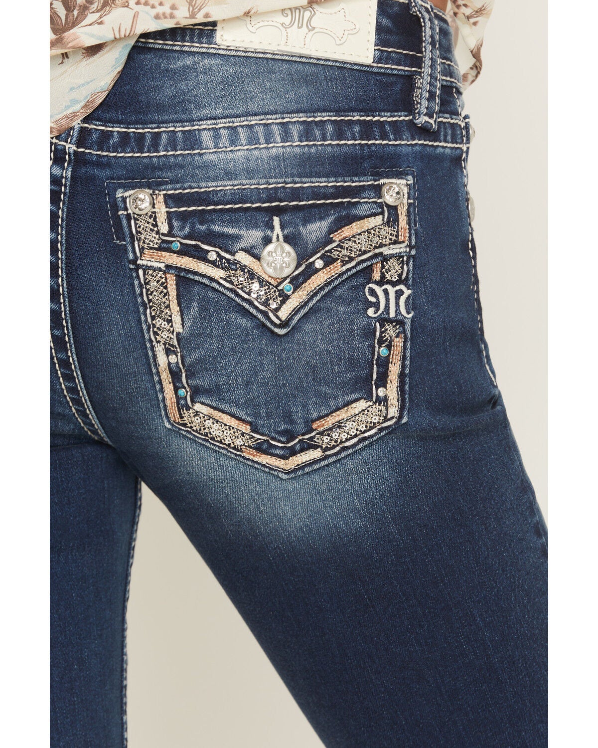 Image #2 - Miss Me Women's Medium Wash Mid Rise Border Pocket 32" Bootcut Stretch Denim Jeans, Medium Wash, hi-res