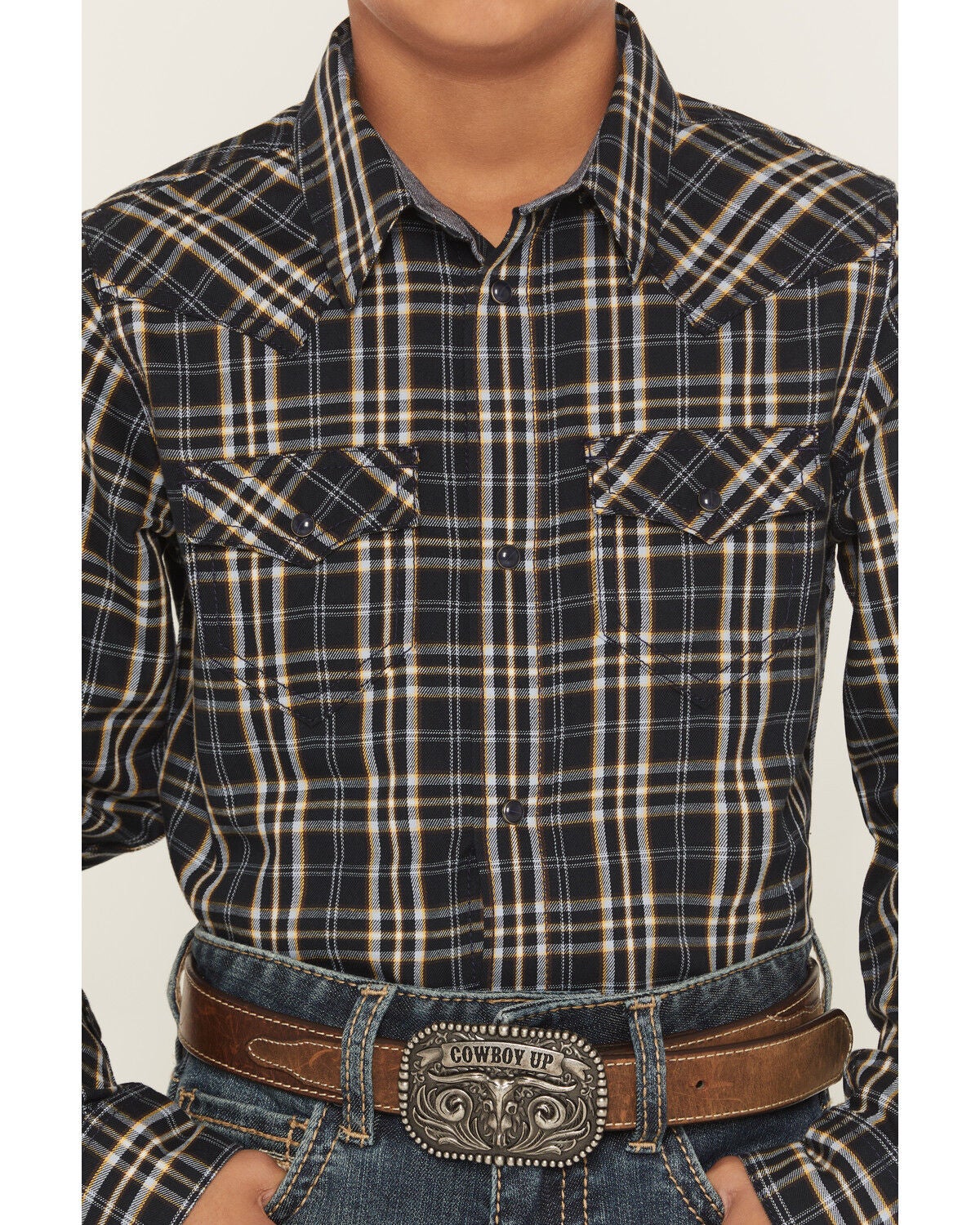 Image #3 - Cody James Boys' Warriors Way Plaid Print Long Sleeve Snap Western Shirt, Dark Blue, hi-res