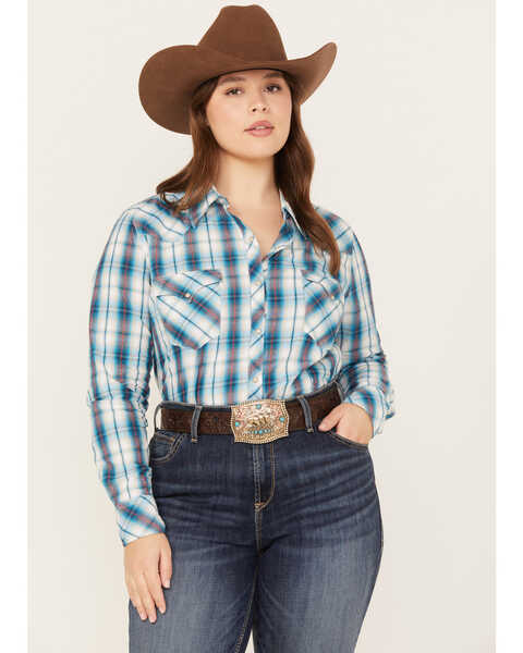Roper Women's Plaid Print Long Sleeve Snap Western Shirt - Plus, Blue, hi-res