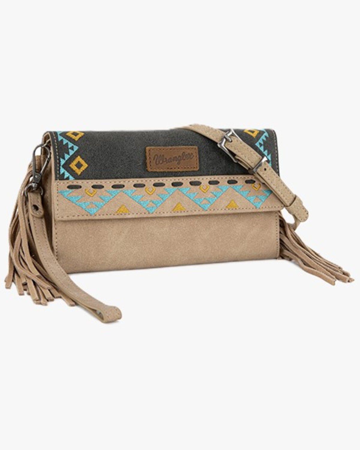 Wrangler Women's Southwestern Embroidered Fringe Wallet Crossbody Bag, Black, hi-res