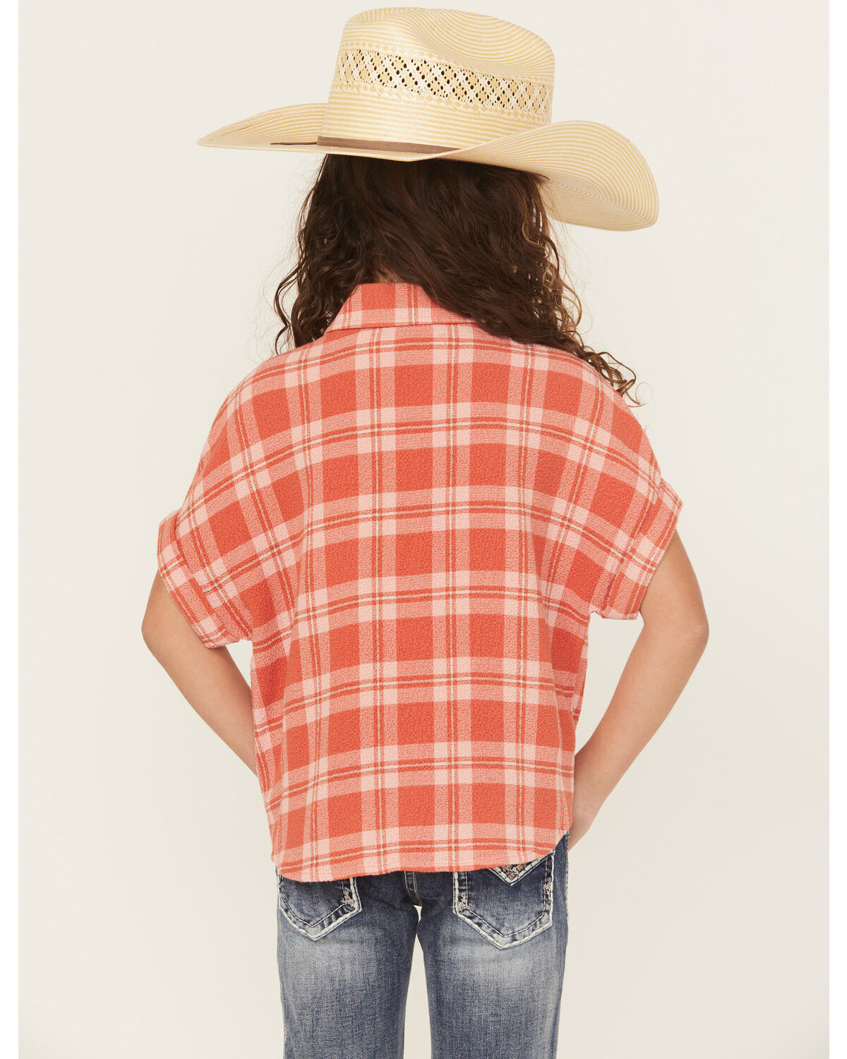 Image #4 - Shyanne Girls' Camp Plaid Print Short Sleeve Snap Tie-Front Shirt, Dark Pink, hi-res