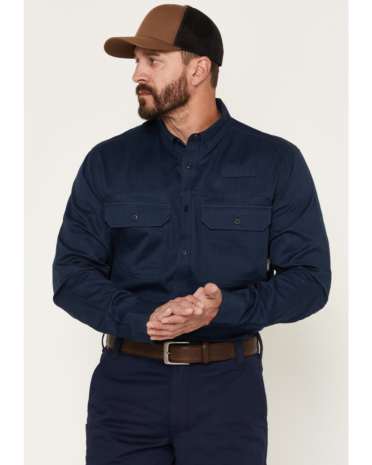 Hawx Men's FR Langdon Solid Long Sleeve Button-Down Work Shirt, Navy, hi-res