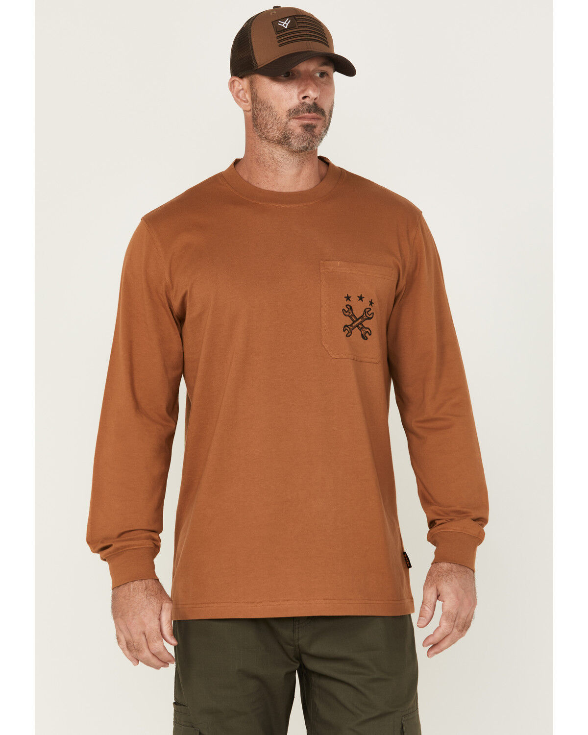 Image #1 - Hawx Men's Wrenches Embroidered Pocket Long Sleeve Work T-Shirt, Rust Copper, hi-res