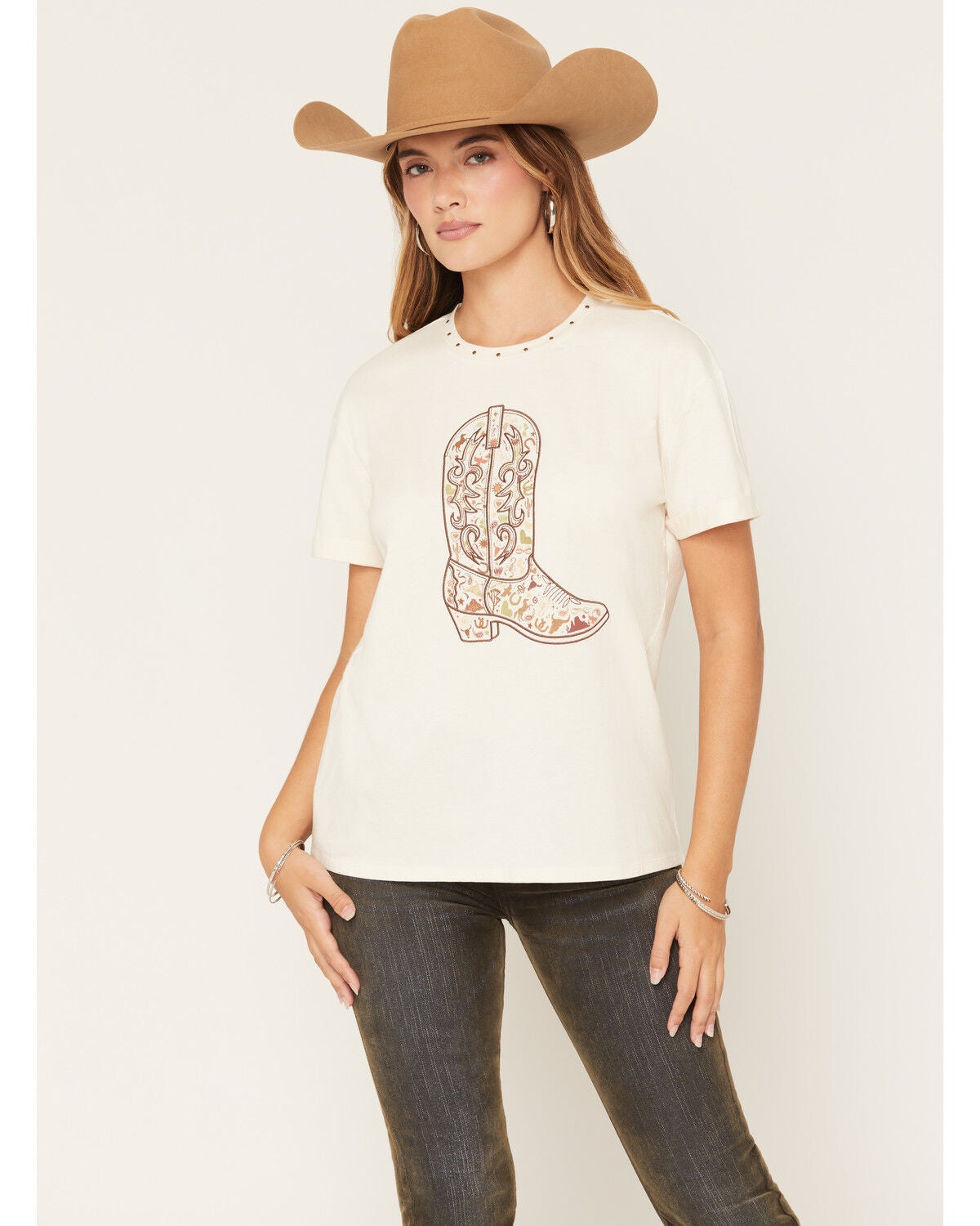 Image #1 - Blended Women's Boot Print Short Sleeve Graphic Tee, Cream, hi-res