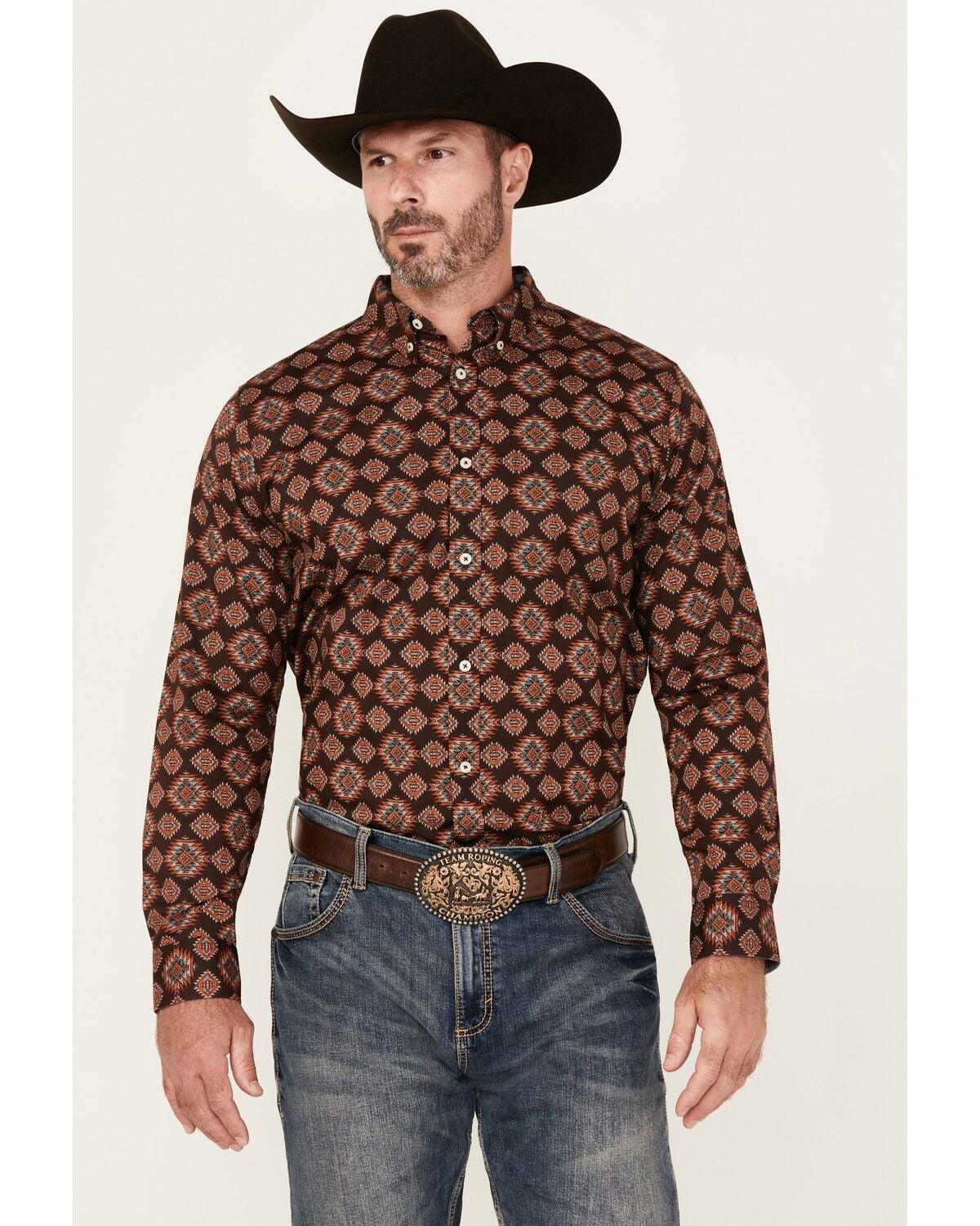 Cody James Men's Bite The Bullet Southwestern Print Long Sleeve Button-Down Stretch Western Shirt, Brown, hi-res
