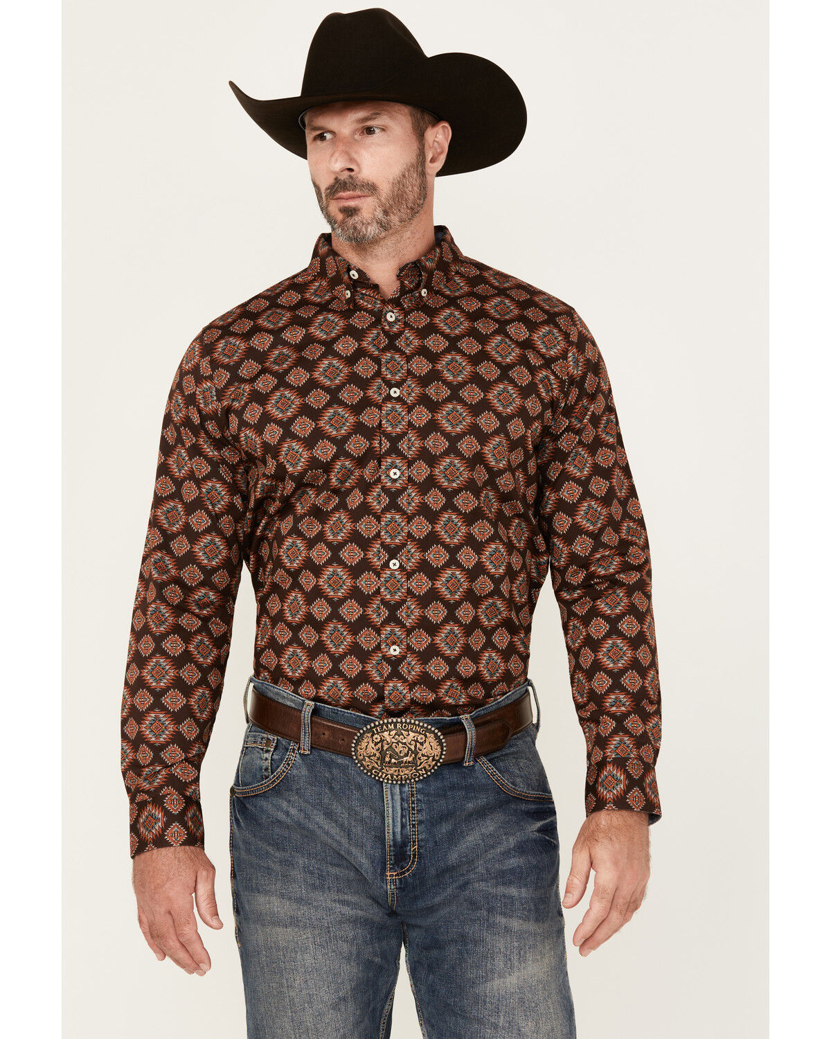 Image #1 - Cody James Men's Bite The Bullet Southwestern Print Long Sleeve Button-Down Stretch Western Shirt, Brown, hi-res