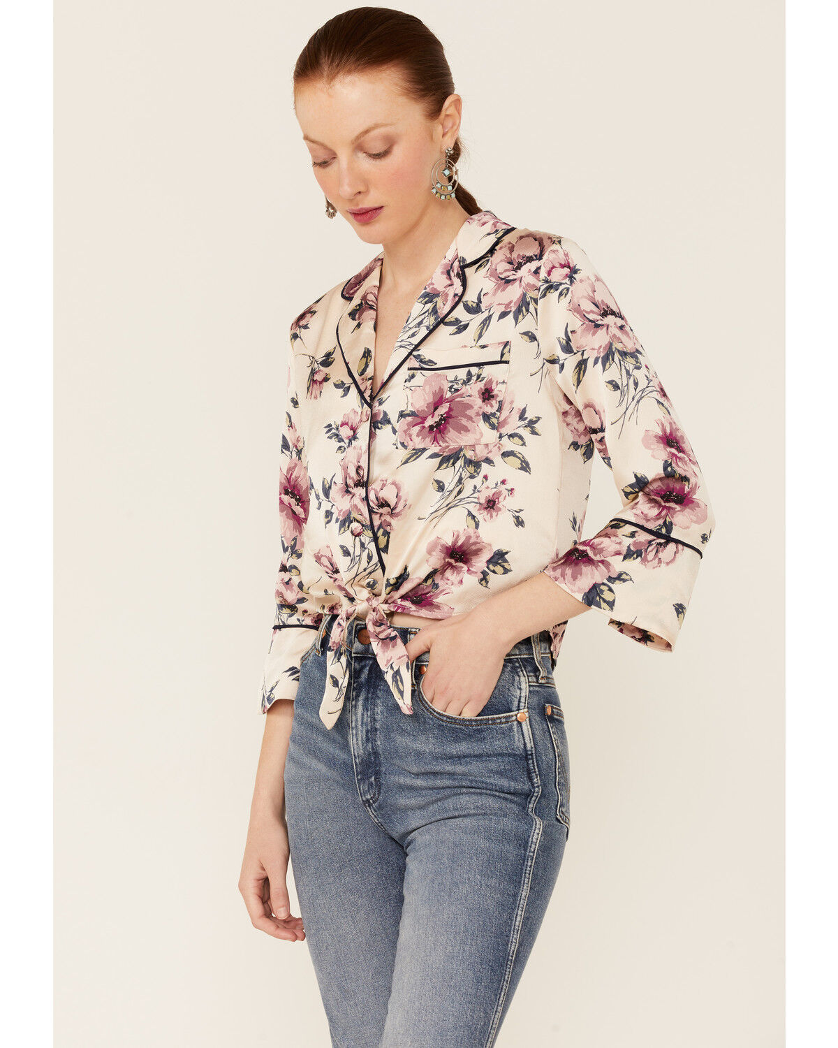 Image #1 - June & Hudson Women's Long Sleeve Satin Floral Tie Front Shirt, Cream, hi-res