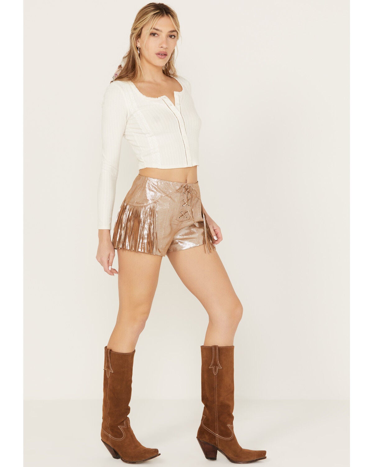 Wonderwest Women's Foiled Suede Shorts, Brown, hi-res