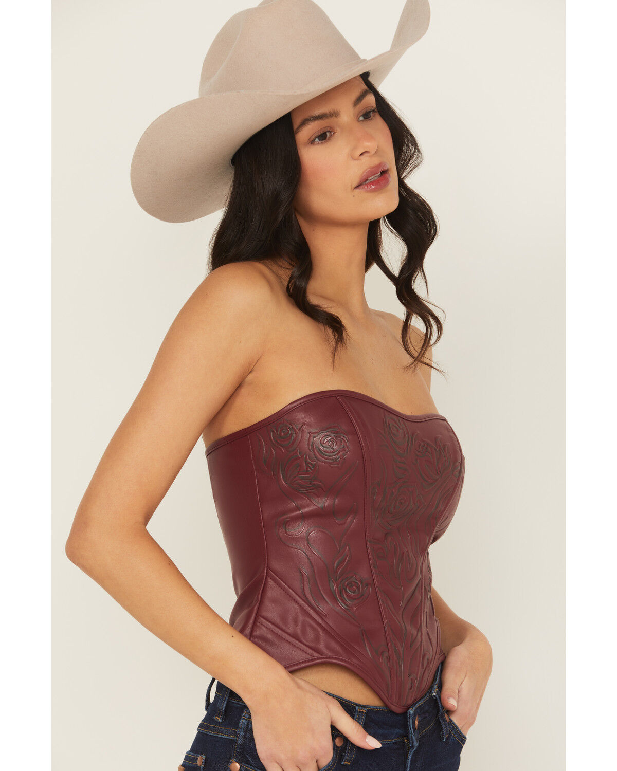 Image #2 - Fornia Women's Boot Barn Exclusive Rose Embossed Faux Leather Bustier, Red, hi-res