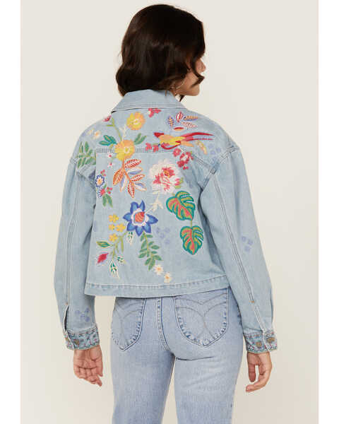 Johnny Was Women's Light Wash Floral Embroidered Cropped Denim Jacket , Light Wash, hi-res