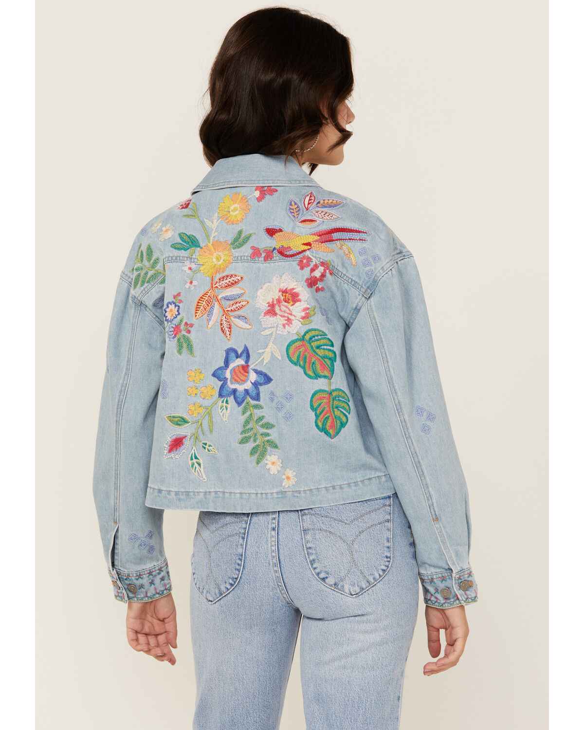 Image #1 - Johnny Was Women's Light Wash Floral Embroidered Cropped Denim Jacket, Light Wash, hi-res