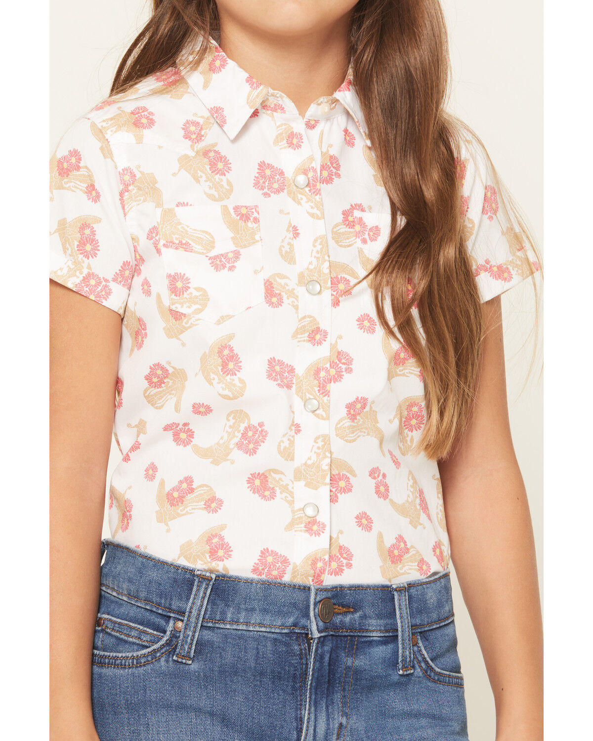 Image #3 - Wrangler Girls' Floral Print Short Sleeve Snap Western Shirt, White, hi-res