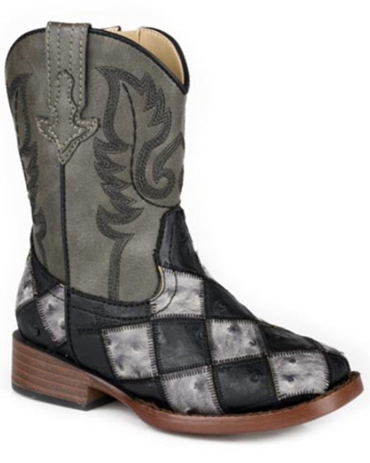 Roper Toddler Boys' Bird Blocks Ostrich Print Western Boots - Broad Square Toe, Black, hi-res