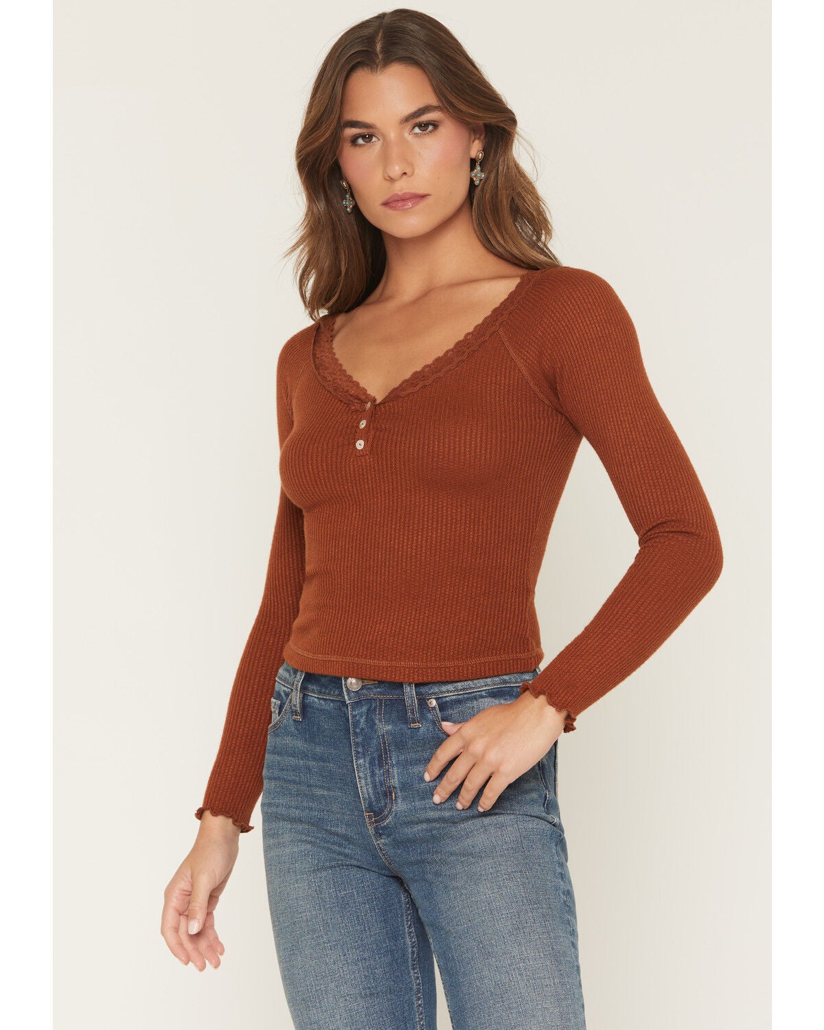 Image #1 - Wild Moss Women's Lace Long Sleeve Top, Brown, hi-res