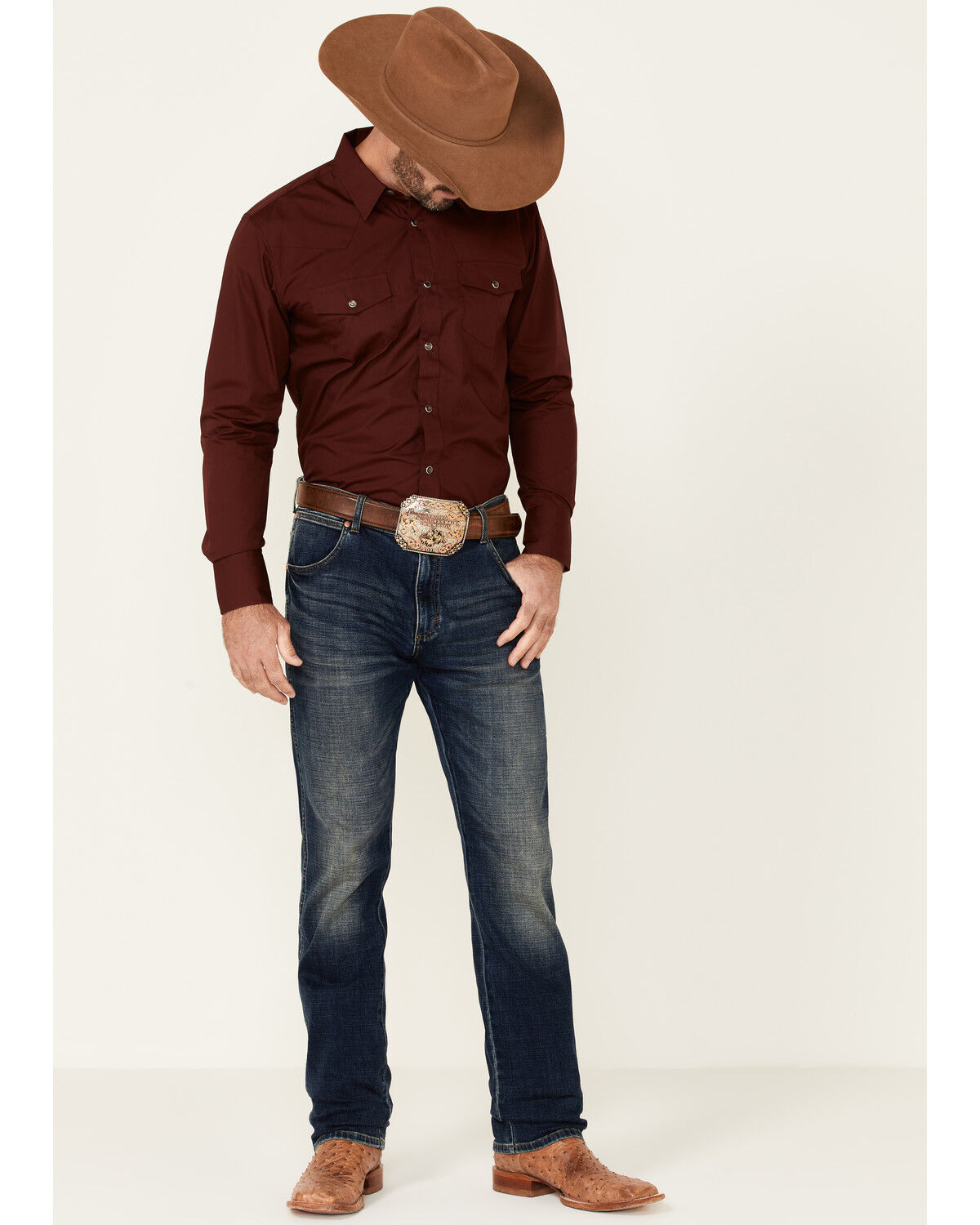 Image #2 - Gibson Men's Basic Solid Long Sleeve Pearl Snap Western Shirt - Big, Burgundy, hi-res