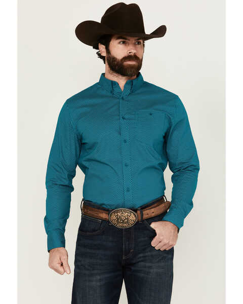 RANK 45® Men's Wagon Geo Print Long Sleeve Button-Down Performance Stretch Western Shirt , Teal, hi-res
