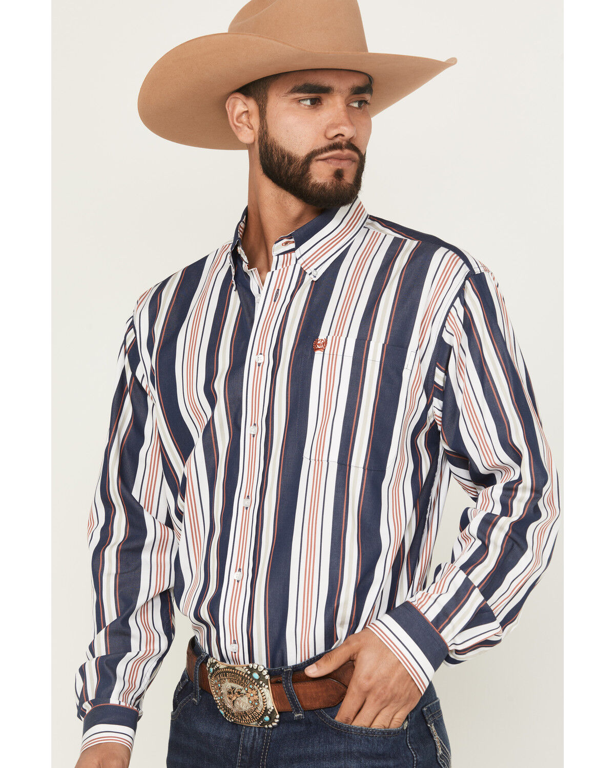 Image #2 - Cinch Men's Striped Long Sleeve Button-Down Western Shirt, Navy, hi-res