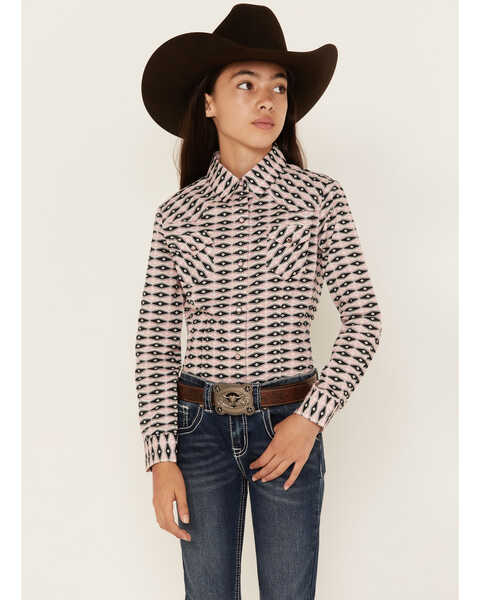 Cruel Girl Girls' Geo Print Long Sleeve Western Snap Shirt , Pink, hi-res