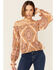 Image #1 - Flying Tomato Women's Boho Print Cold Shoulder Top, Brown, hi-res