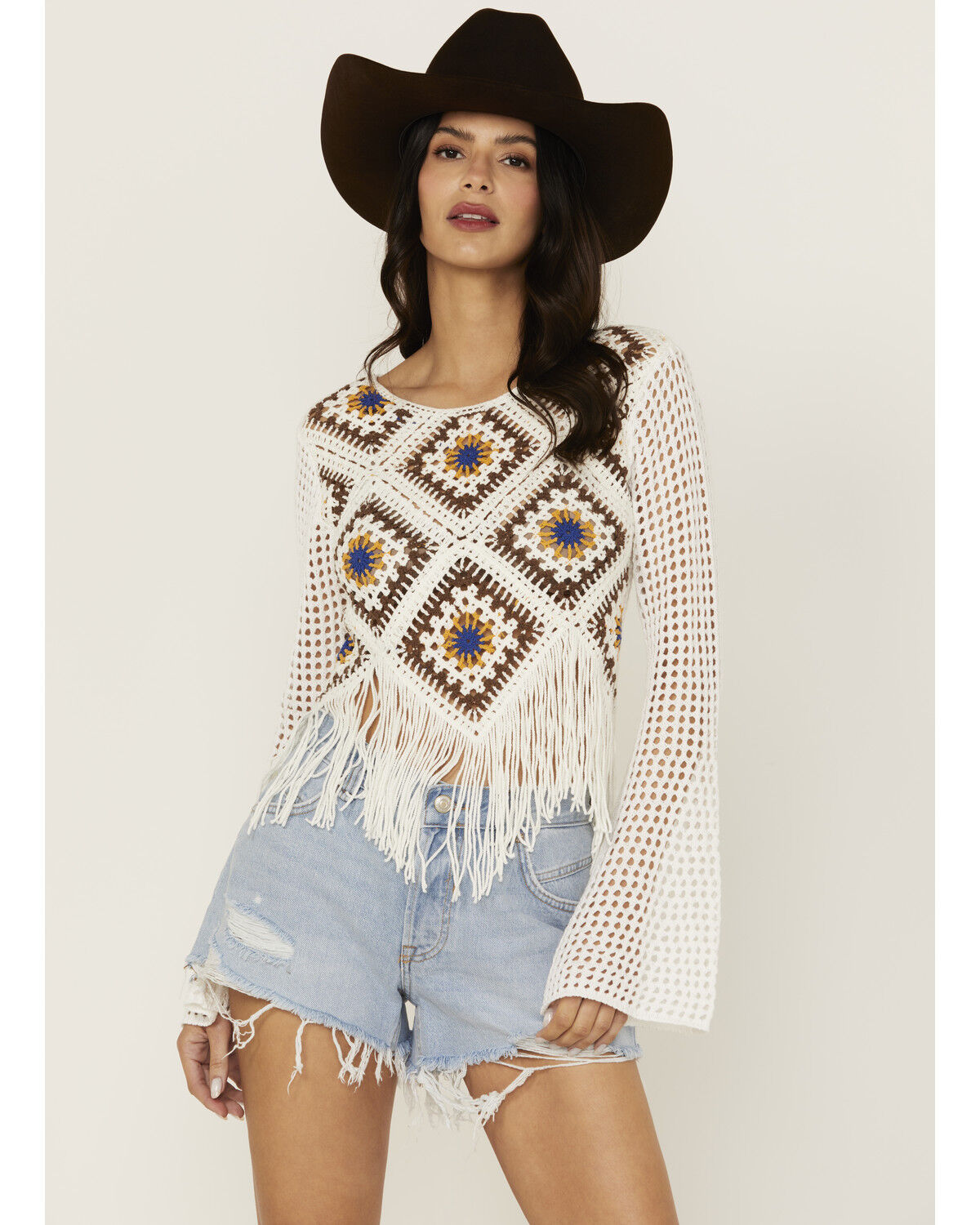 Image #1 - Wild Moss Women's Geo Print Crochet Long Sleeve Top, White, hi-res