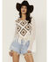 Image #1 - Wild Moss Women's Geo Print Crochet Long Sleeve Top, White, hi-res