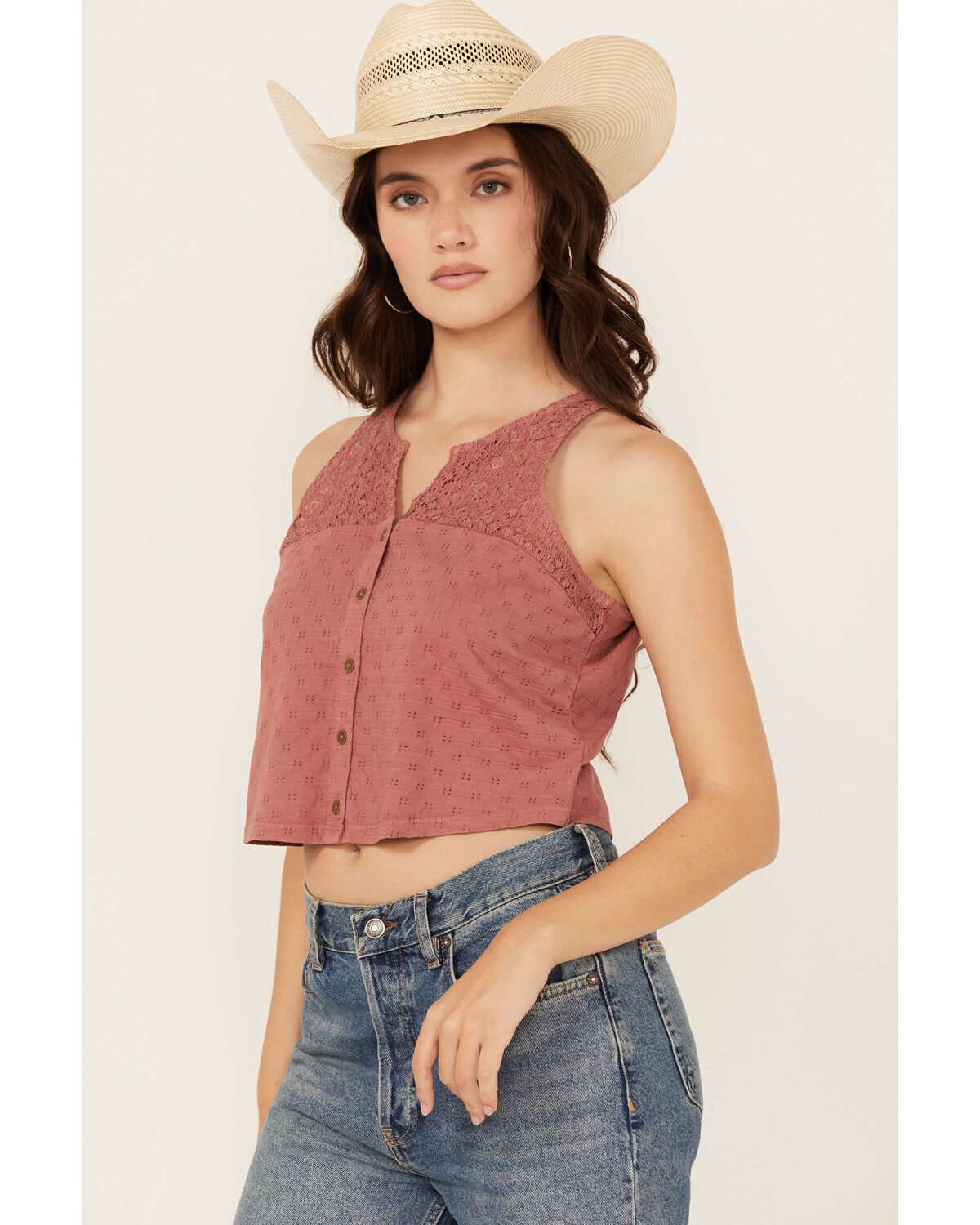 Image #1 - Cleo + Wolf Women's Blaire Cropped Jacquard and Lace Tank, Oatmeal, hi-res