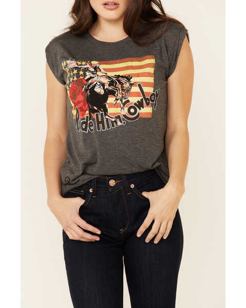 Rodeo Quincy Women's Ride Him Cowboy Graphic Short Sleeve Tee , Charcoal, hi-res