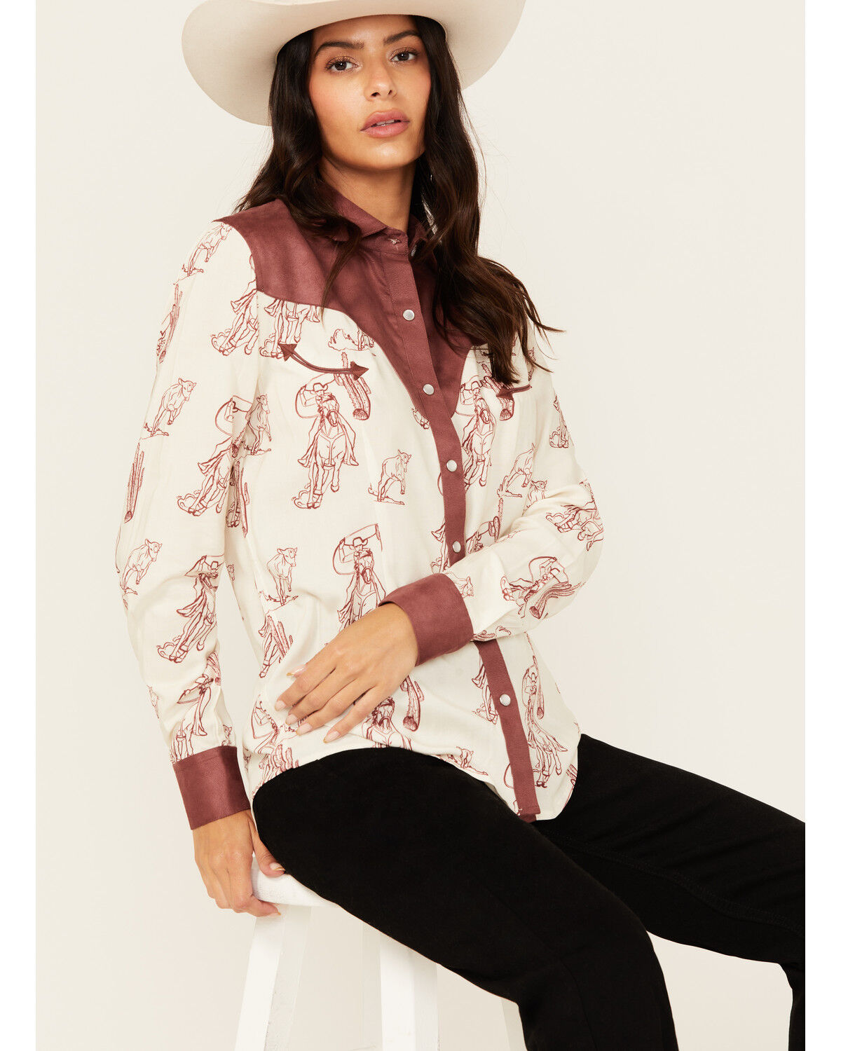 Image #1 - Panhandle Women's Western Print Long Sleeve Pearl Snap Western Shirt, Cream, hi-res