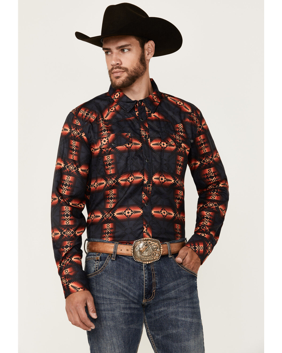 Image #1 - Rock & Roll Denim Men's Tek Southwestern Print Long Sleeve Snap Western Shirt, Charcoal, hi-res