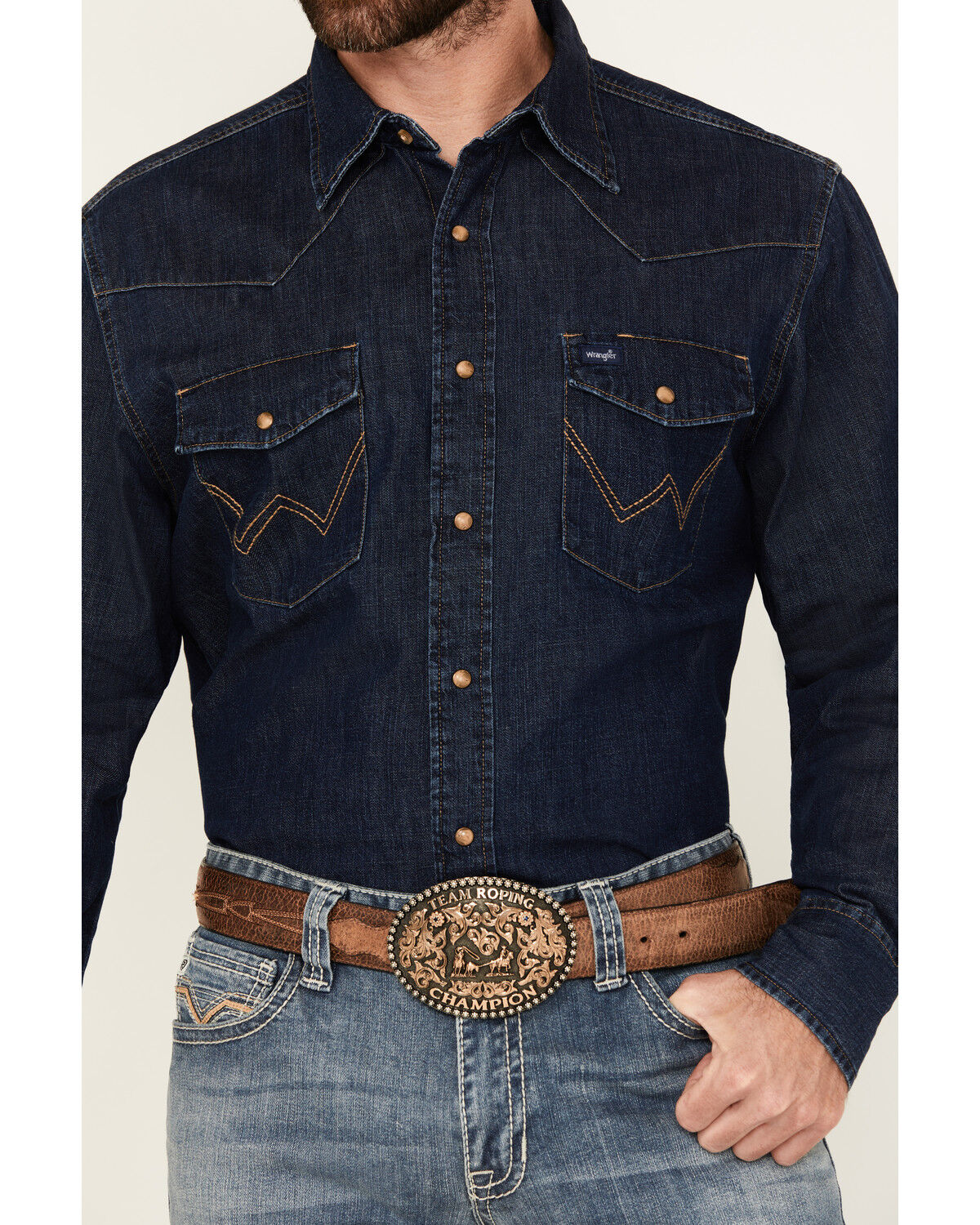 Image #3 - Wrangler Men's Medium Wash Denim Long Sleeve Snap Western Shirt - Tall, Medium Wash, hi-res