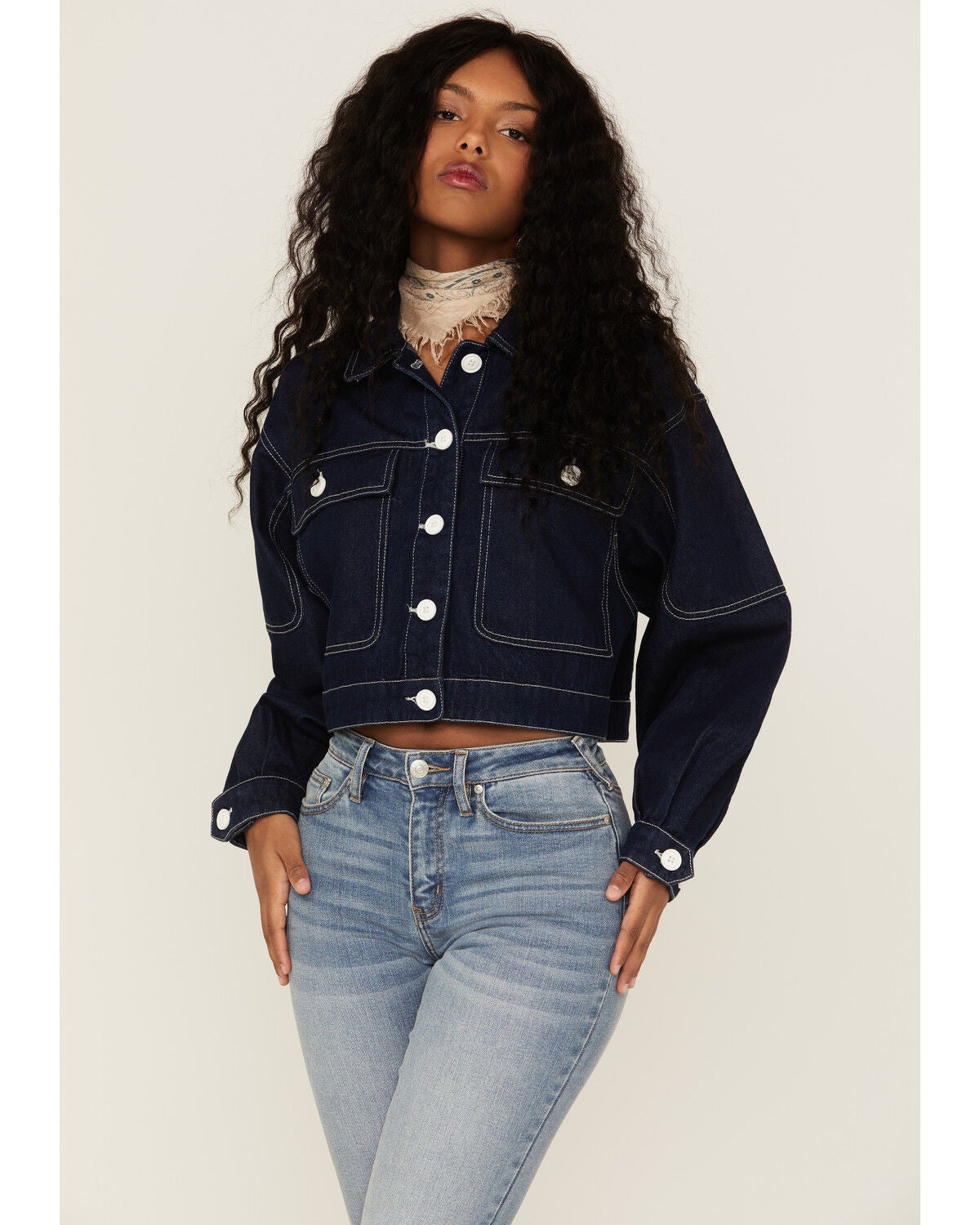 Unpublished Denim Women's Dark Wash Oversized Cropped Button Down Jacket, Blue, hi-res