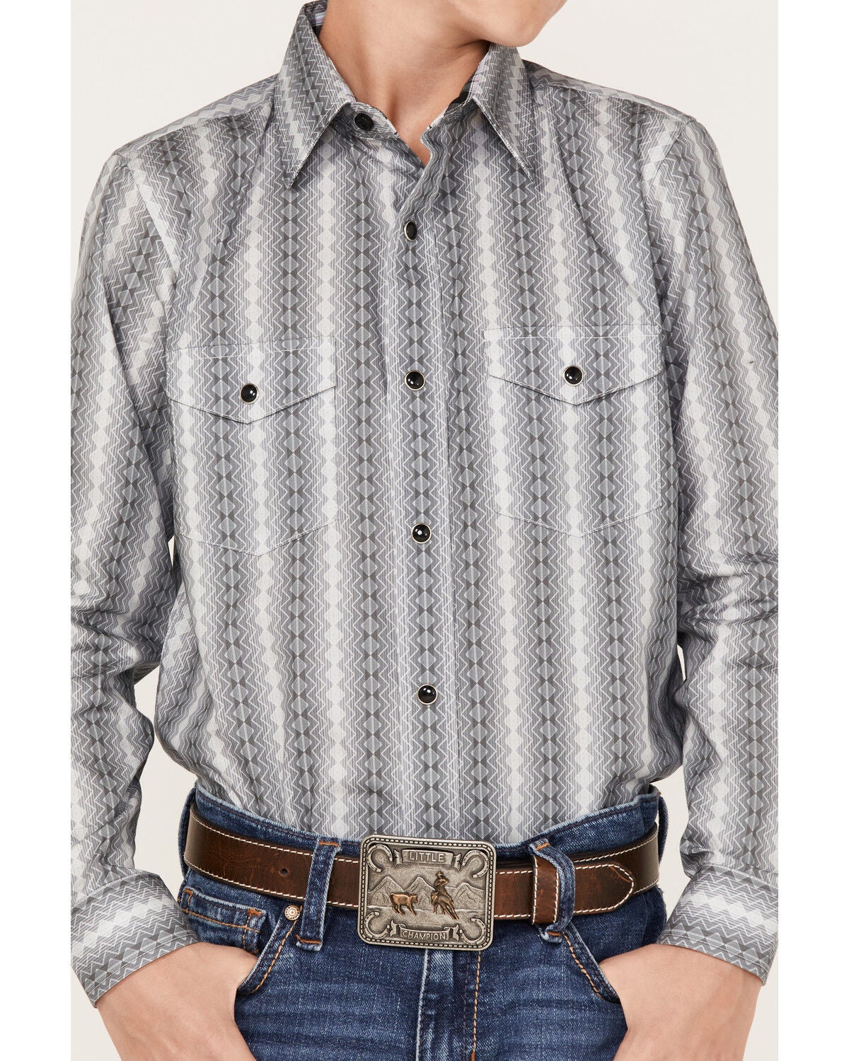 Image #3 - Panhandle Boys' Zig Zag Stripe Print Long Sleeve Western Snap Shirt, Silver, hi-res