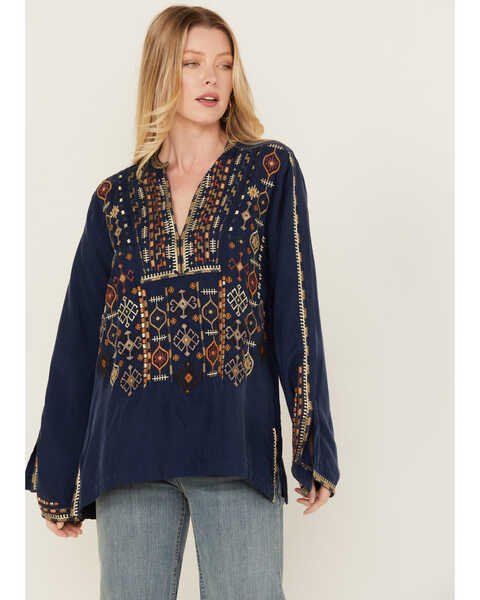 Image #1 - Johnny Was Women's Embroidered Long Sleeve Shirt , Blue, hi-res