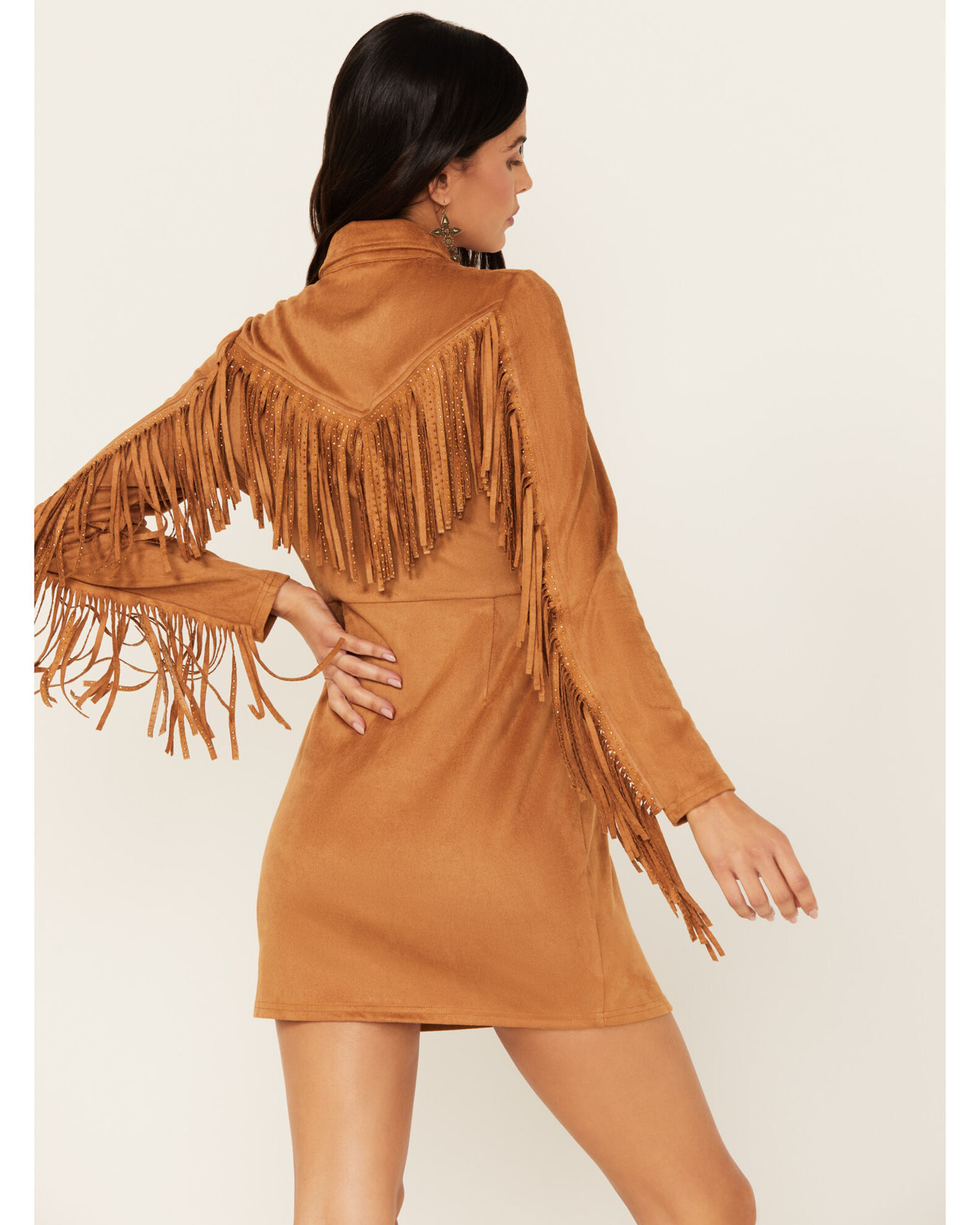 Mainstrip Women s Faux Suede Long Sleeve Fringe Dress Country Outfitter