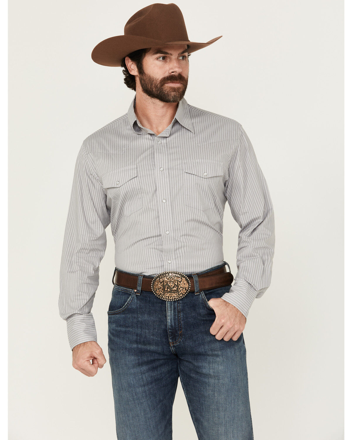 Image #1 - Wrangler Men's Wrinkle Resistant Striped Long Sleeve Snap Stretch Western Shirt, Grey, hi-res