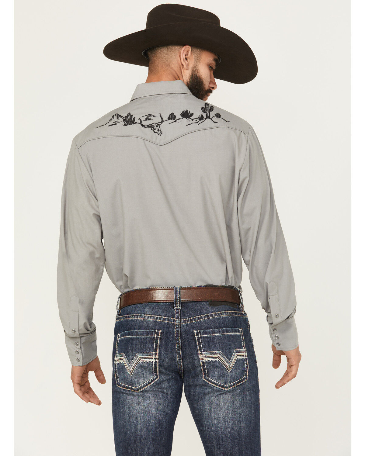 Image #4 - Roper Men's Desert Embroidered Long Sleeve Snap Stretch Western Shirt, Grey, hi-res