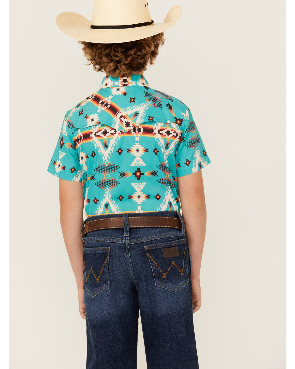 Image #4 - Rock & Roll Denim Boys' Tek Southwestern Print Short Sleeve Snap Western Shirt, Blue, hi-res