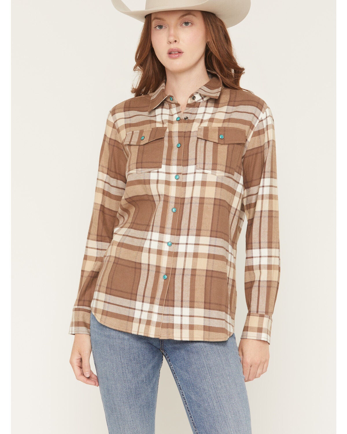 Shyanne Women's Elysprings Plaid Print Long Sleeve Snap Flannel Shirt, Coffee, hi-res