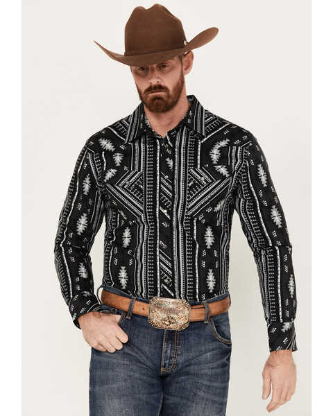 Rock & Roll Denim Men's Southwestern Striped Long Sleeve Western Snap Shirt, Black, hi-res