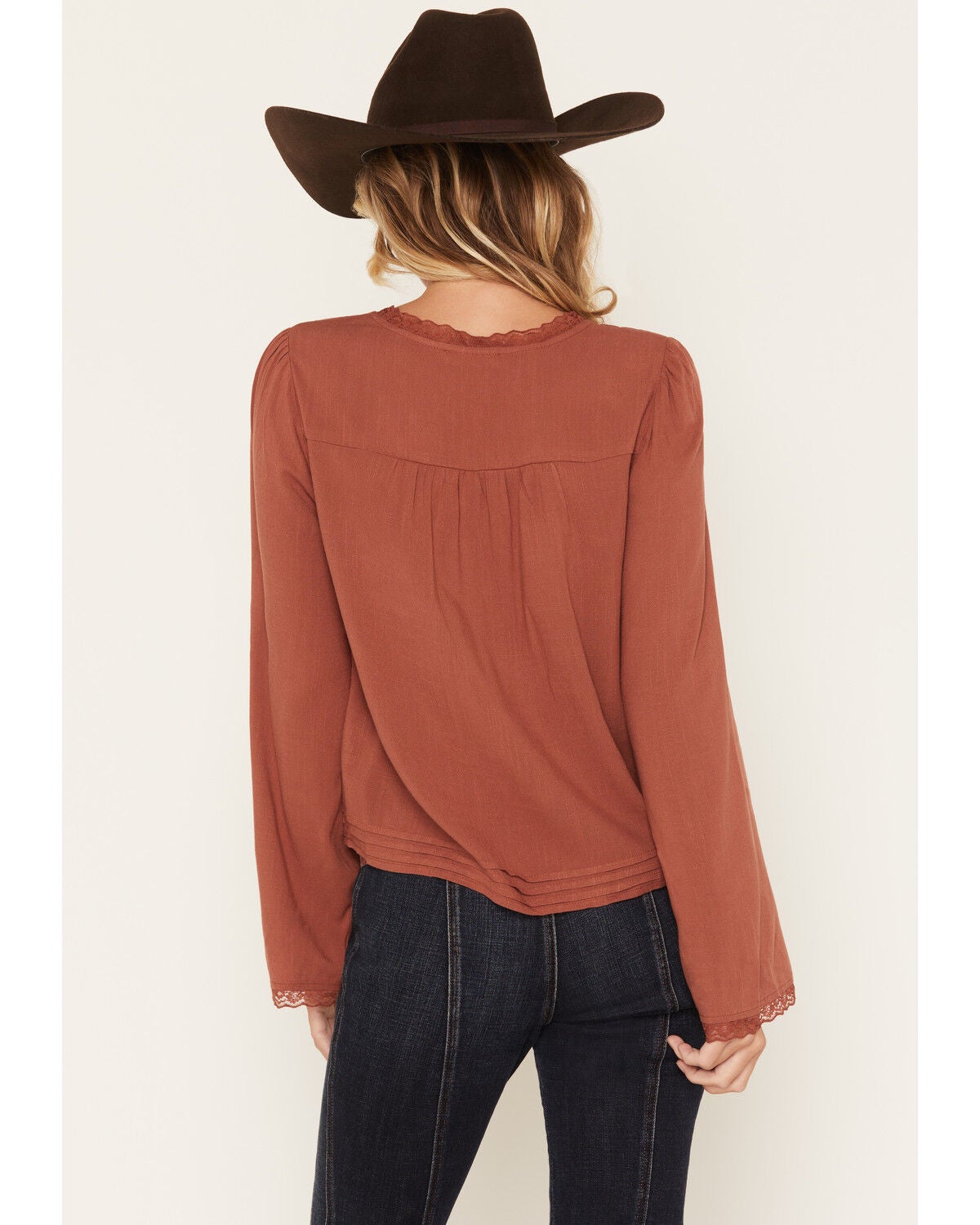 Image #4 - Lovestitch Women's Long Sleeve Lace Trim Top, Dusty Rose, hi-res