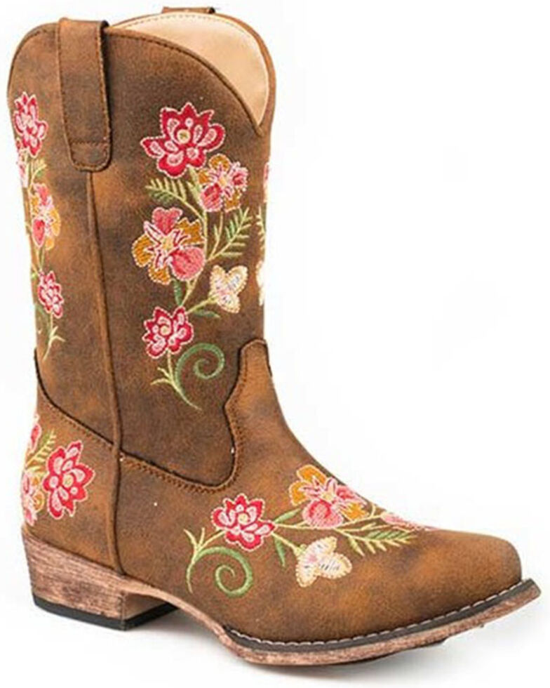 Roper Girls' Tan Juliet Vintage Faux Leather Embroidered Western Boot - Snip Toe , Tan, hi-res